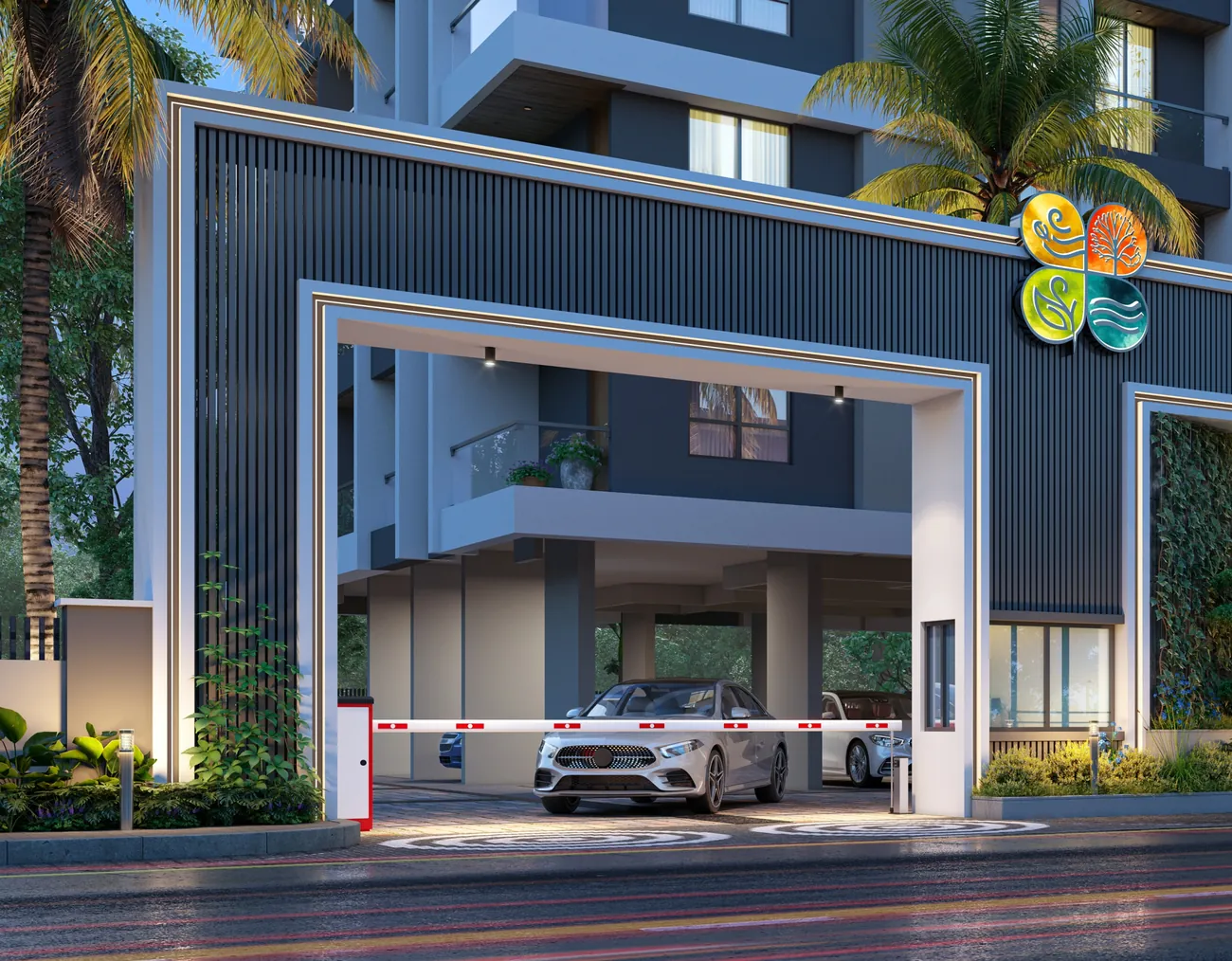 Grand entrance plaza with security cabin