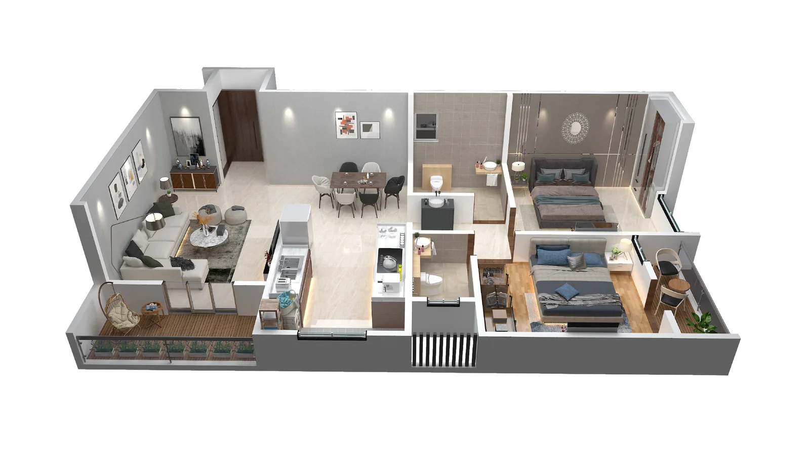2 BHK residence 3D view