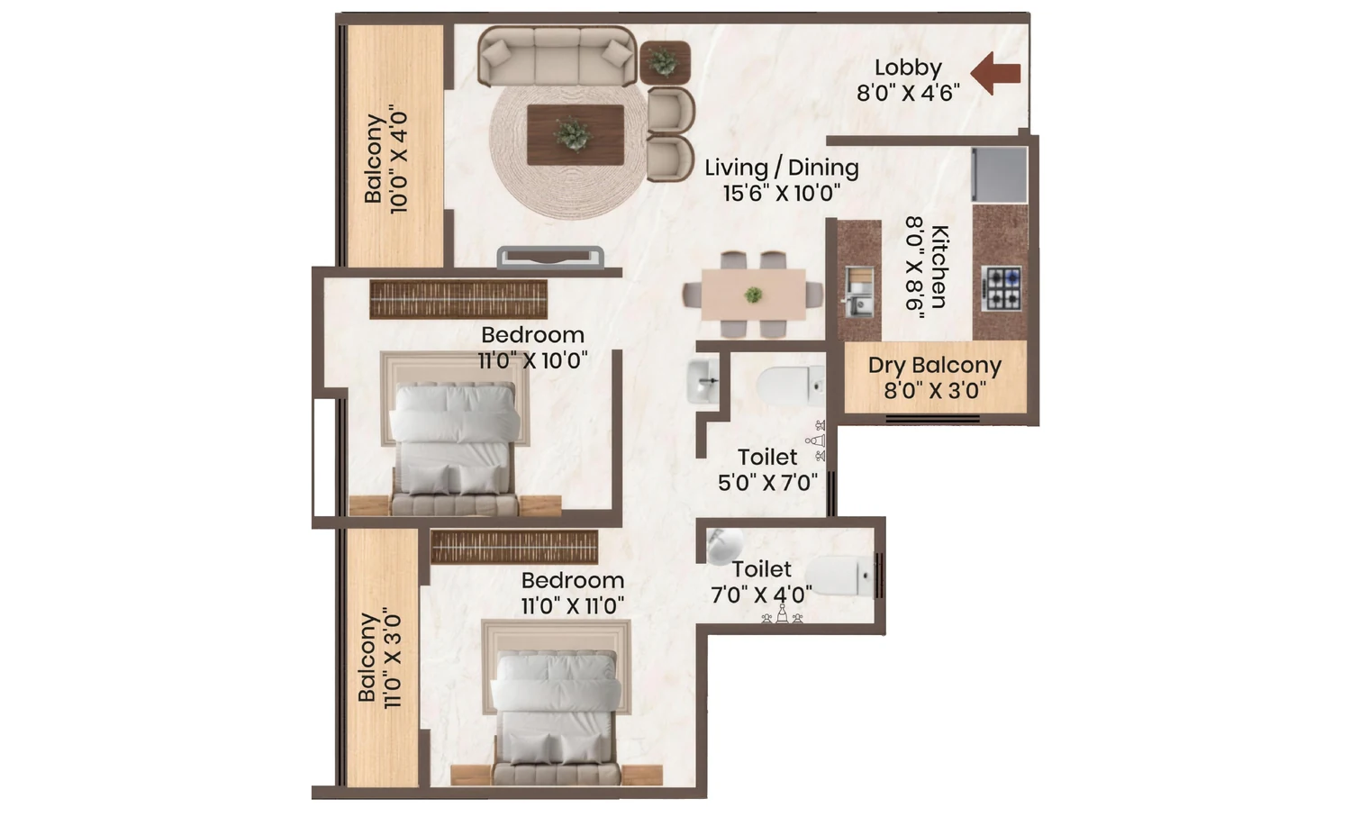 2 BHK unit plan, carpet 738 sq.ft