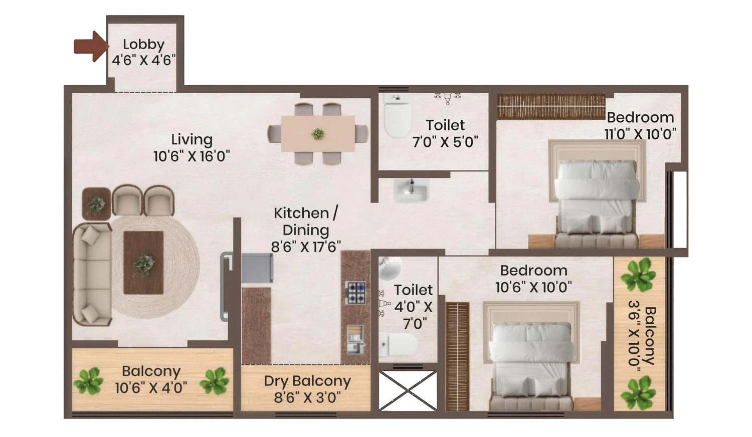 2 BHK unit plan, carpet 781 sq.ft